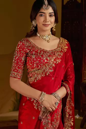 Red colour satin silk saree with heavy embroidery work blouse
