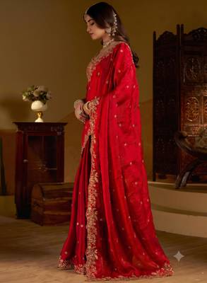 Red colour satin silk saree with heavy embroidery work blouse 4