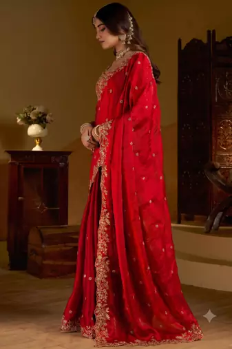 Red colour satin silk saree with heavy embroidery work blouse