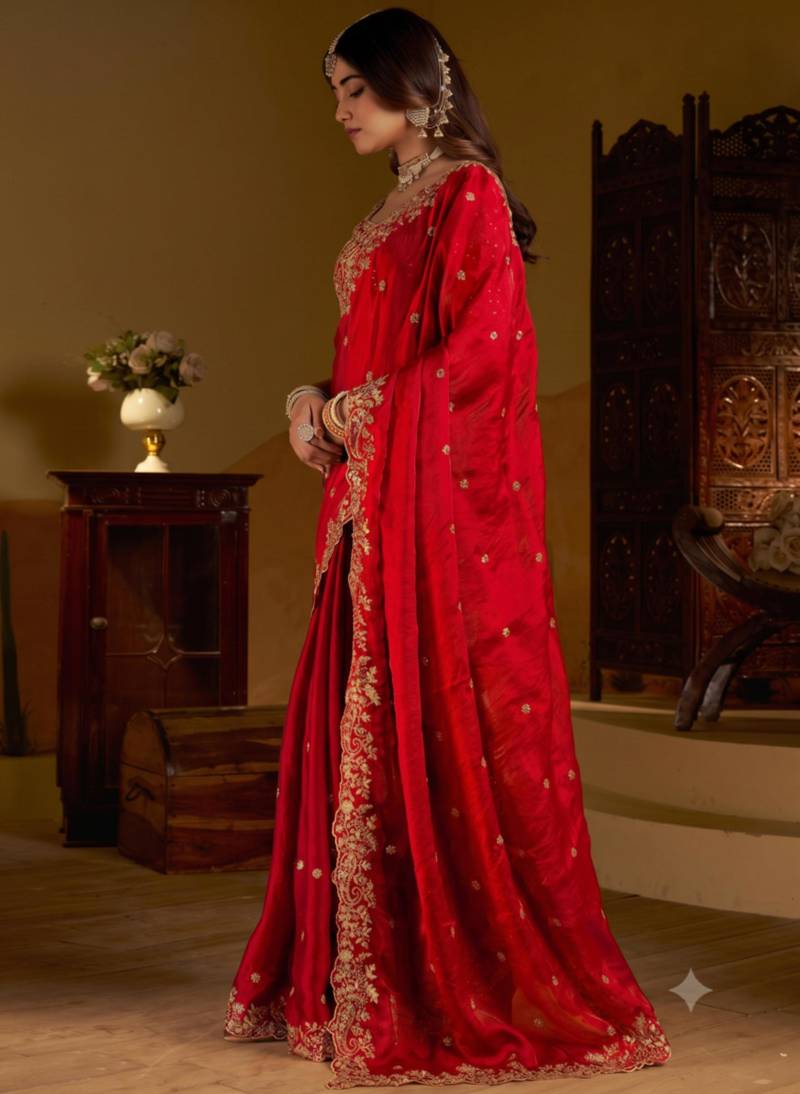 Red colour satin silk saree with heavy embroidery work blouse