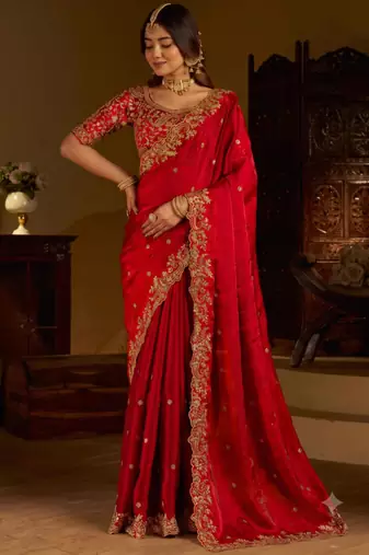 Red colour satin silk saree with heavy embroidery work blouse
