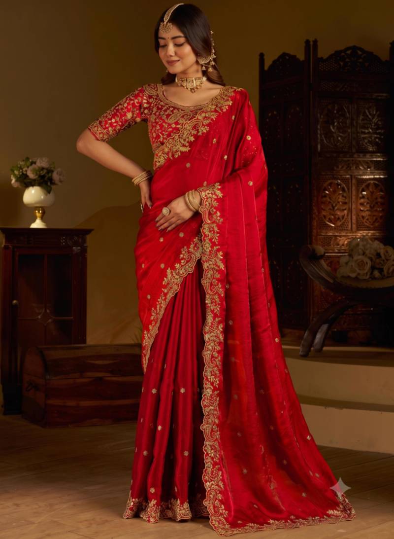 Red colour satin silk saree with heavy embroidery work blouse