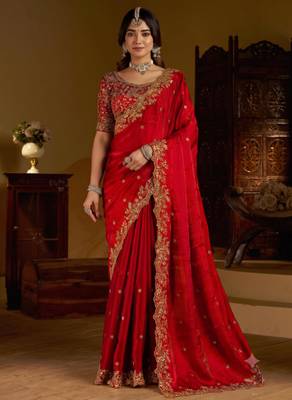 Red colour satin silk saree with heavy embroidery work blouse 1