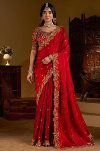 Red colour satin silk saree with heavy embroidery work blouse