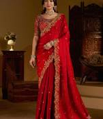 Red colour satin silk saree with heavy embroidery work blouse