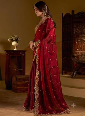 Maroon colour satin silk saree with heavy embroidery work blouse 3