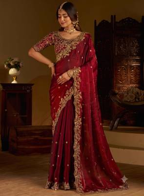 Maroon colour satin silk saree with heavy embroidery work blouse 4