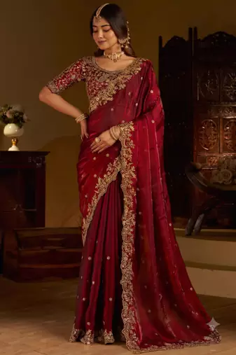 Maroon colour satin silk saree with heavy embroidery work blouse