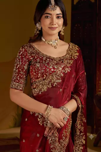 Maroon colour satin silk saree with heavy embroidery work blouse