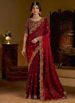 Maroon colour satin silk saree with heavy embroidery work blouse 1