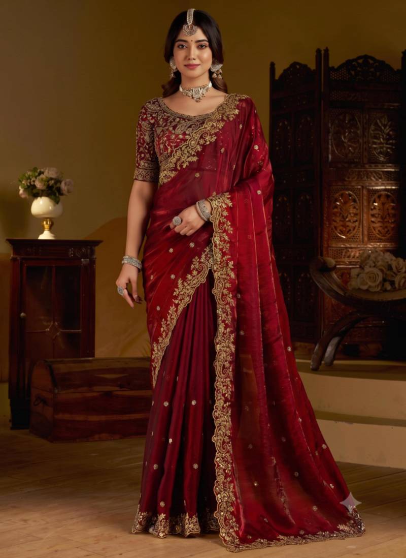 Maroon colour satin silk saree with heavy embroidery work blouse