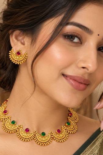 gold-plated multicolour stone choker necklace set with earrings