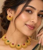 gold-plated multicolour stone choker necklace set with earrings