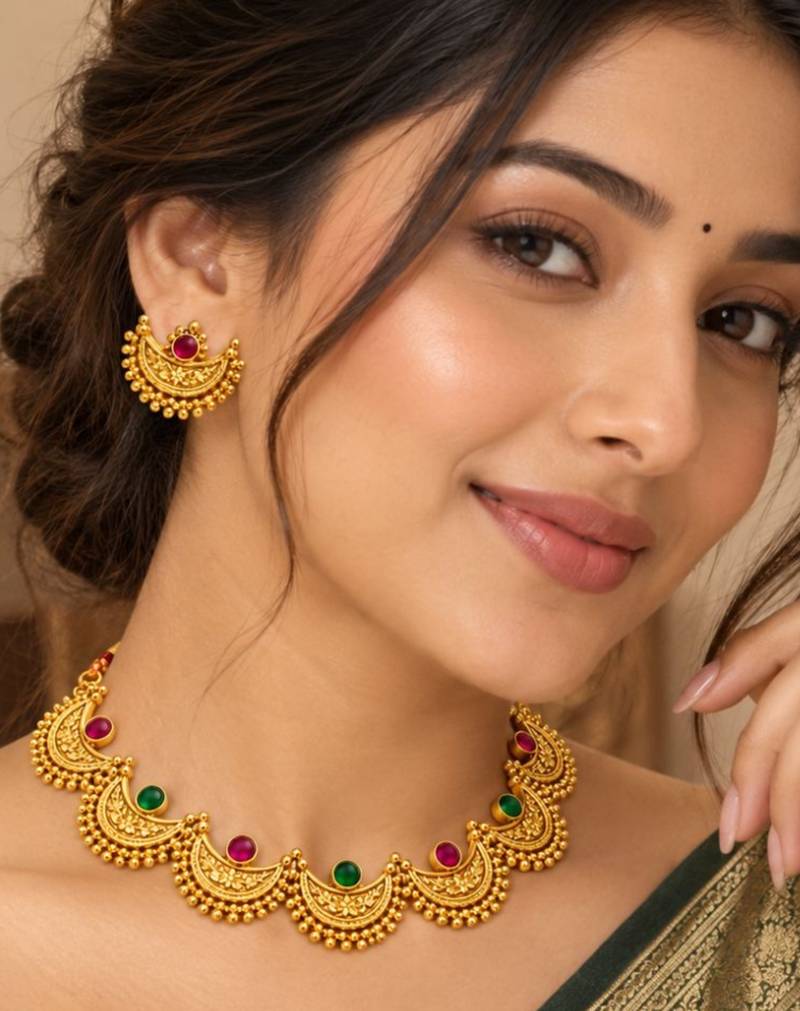 gold-plated multicolour stone choker necklace set with earrings