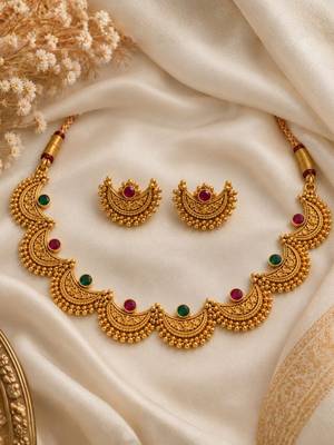 gold-plated multicolour stone choker necklace set with earrings 2