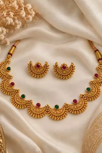 gold-plated multicolour stone choker necklace set with earrings