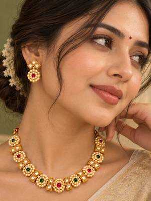 gold-plated kundan pearl choker necklace set with earrings 1