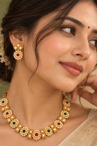 gold-plated kundan pearl choker necklace set with earrings