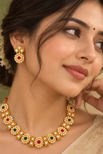 gold-plated kundan pearl choker necklace set with earrings