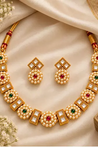 gold-plated kundan pearl choker necklace set with earrings