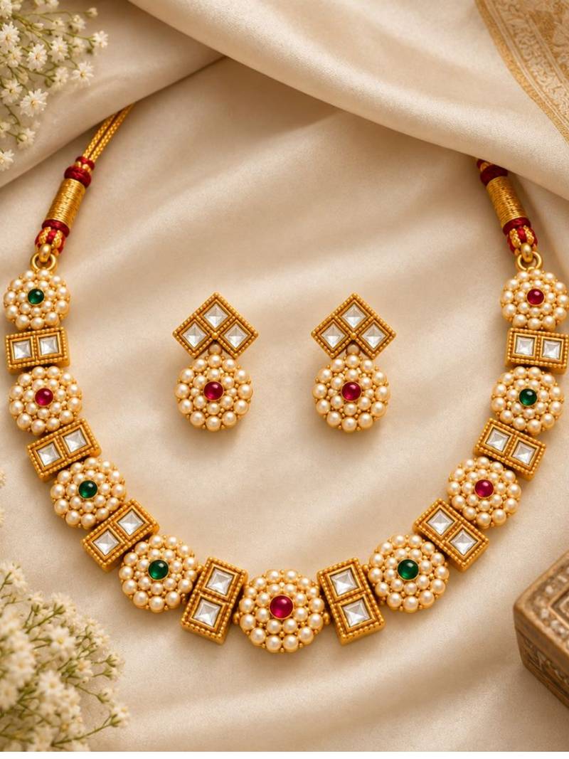 gold-plated kundan pearl choker necklace set with earrings