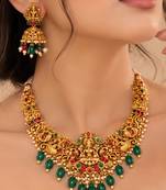 gold-plated temple necklace set with goddess lakshmi design and jhumka earrings