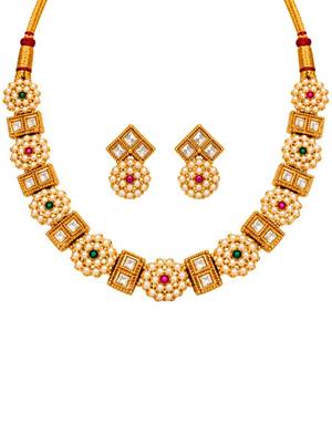 gold-plated kundan pearl choker necklace set with earrings 3