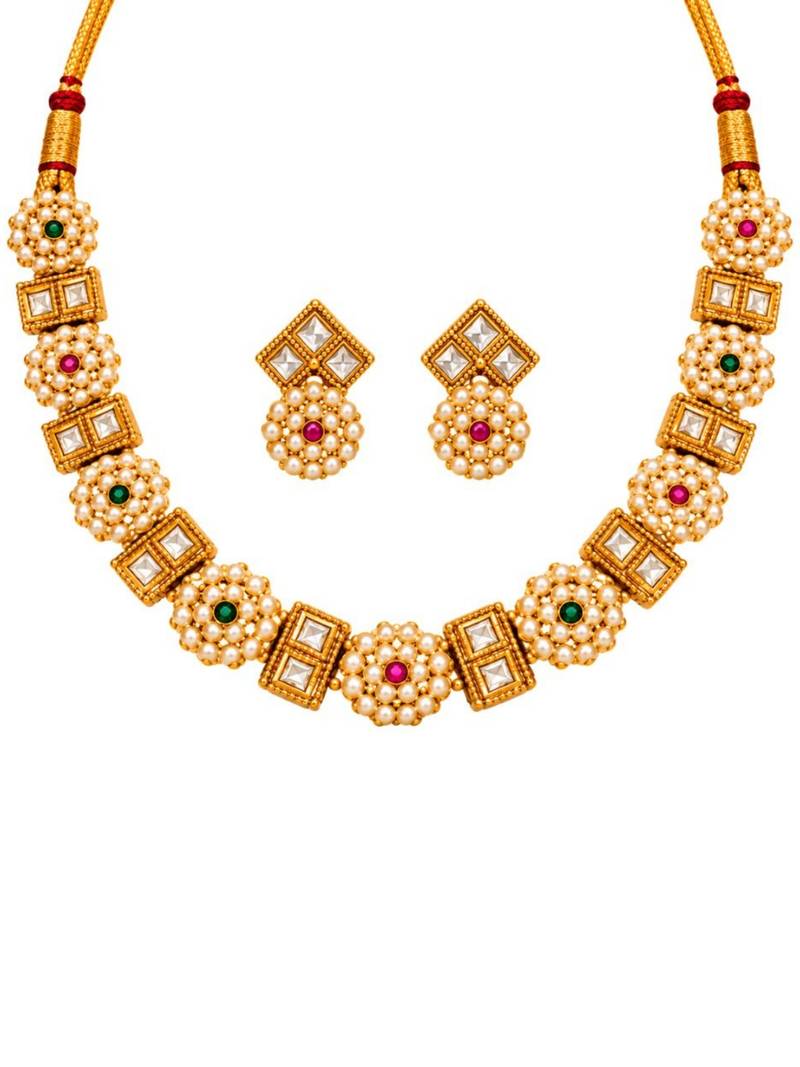 gold-plated kundan pearl choker necklace set with earrings