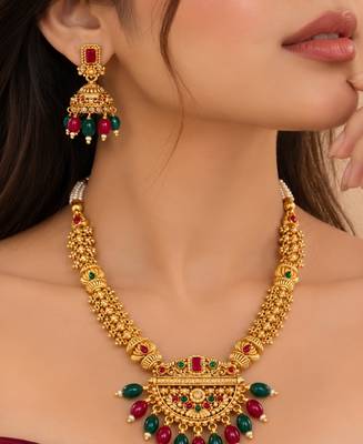 gold-plated stone necklace set with statement pendant and jhumka earrings 1