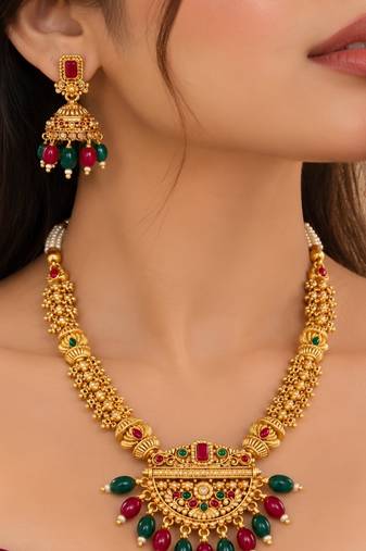 gold-plated stone necklace set with statement pendant and jhumka earrings