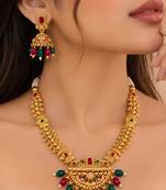 gold-plated stone necklace set with statement pendant and jhumka earrings