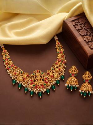 gold-plated temple necklace set with goddess lakshmi design and jhumka earrings 2