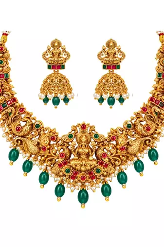 gold-plated temple necklace set with goddess lakshmi design and jhumka earrings