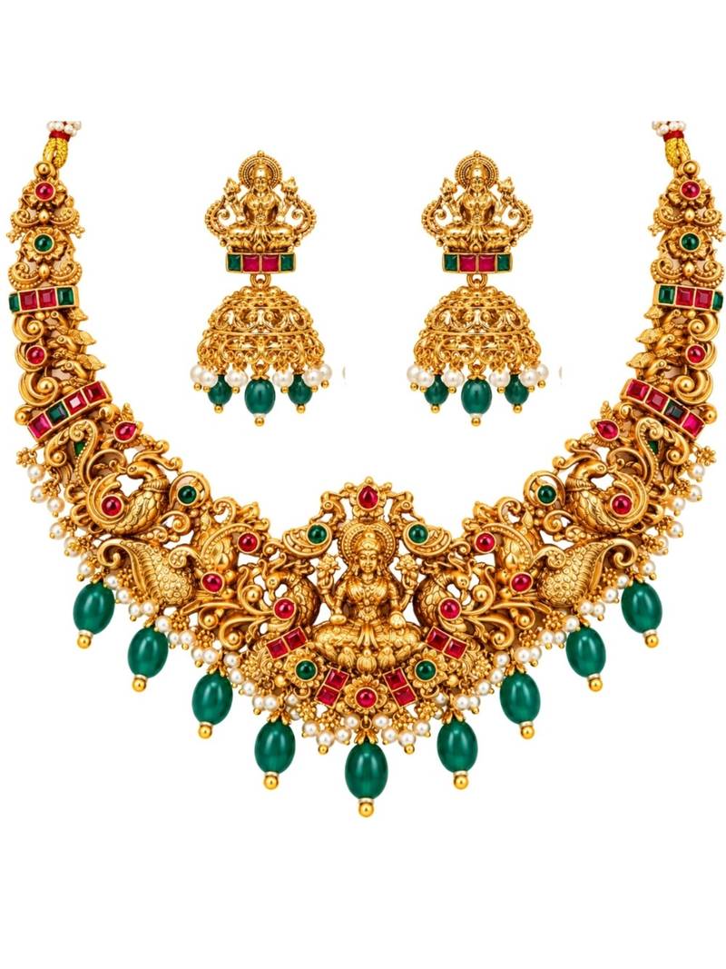 gold-plated temple necklace set with goddess lakshmi design and jhumka earrings