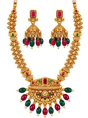 gold-plated stone necklace set with statement pendant and jhumka earrings 3