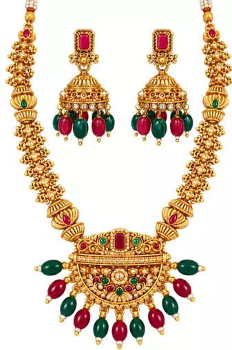 gold-plated stone necklace set with statement pendant and jhumka earrings