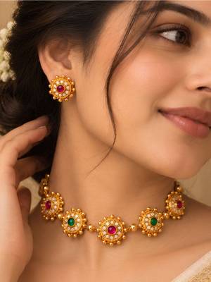gold-plated multicolour stone necklace set with stud earrings 1