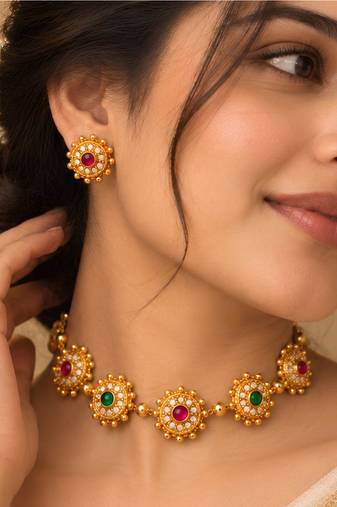 gold-plated multicolour stone necklace set with stud earrings