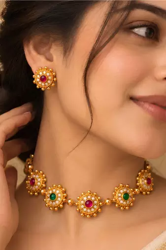 gold-plated multicolour stone necklace set with stud earrings