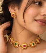 gold-plated multicolour stone necklace set with stud earrings