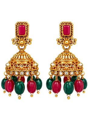 gold-plated stone necklace set with statement pendant and jhumka earrings 4