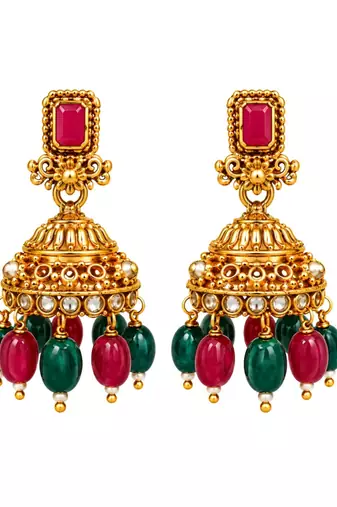 gold-plated stone necklace set with statement pendant and jhumka earrings