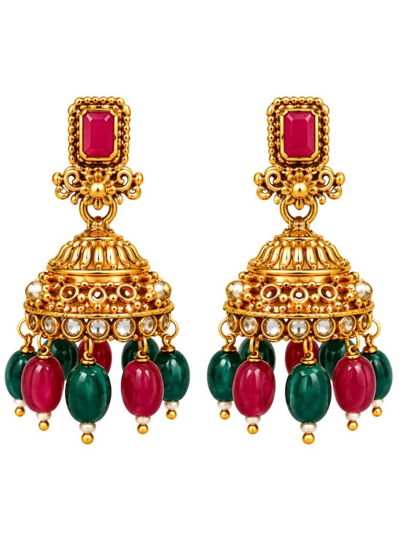 gold-plated stone necklace set with statement pendant and jhumka earrings