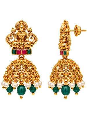 gold-plated temple necklace set with goddess lakshmi design and jhumka earrings 4