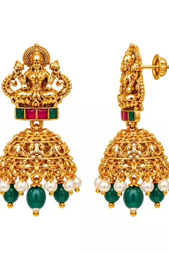 gold-plated temple necklace set with goddess lakshmi design and jhumka earrings