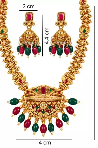gold-plated stone necklace set with statement pendant and jhumka earrings