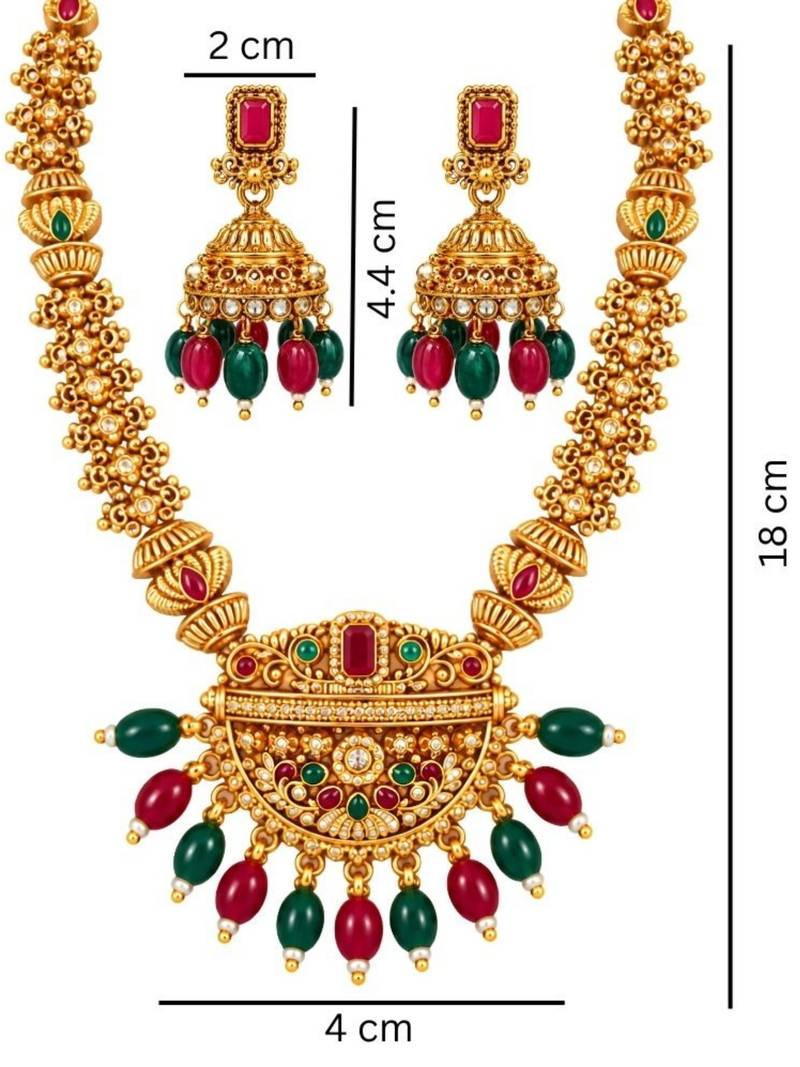 gold-plated stone necklace set with statement pendant and jhumka earrings