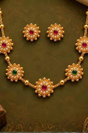 gold-plated multicolour stone necklace set with stud earrings