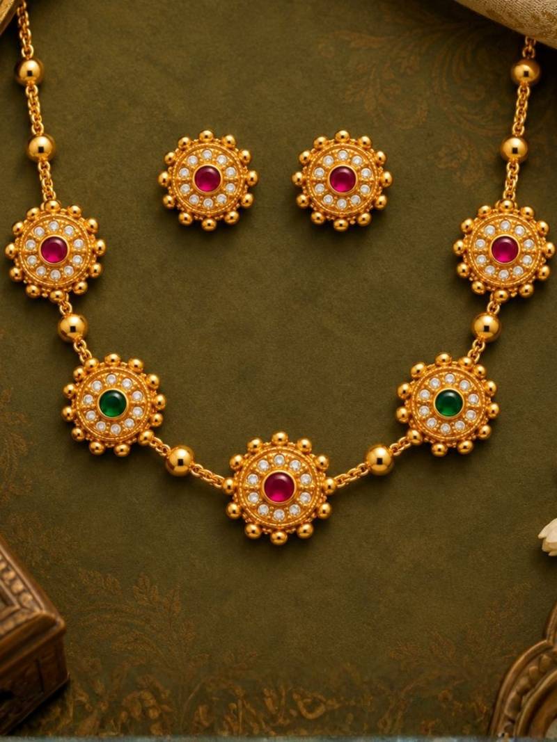 gold-plated multicolour stone necklace set with stud earrings