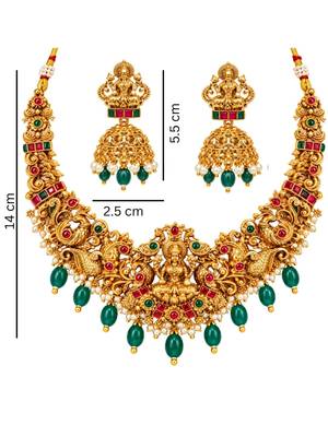 gold-plated temple necklace set with goddess lakshmi design and jhumka earrings 5
